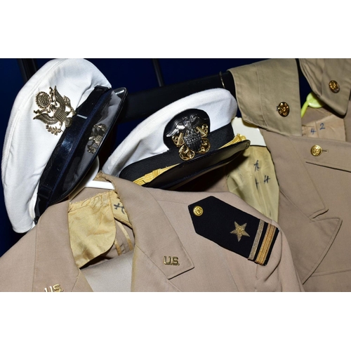 168 - FIVE US FORCES TROPICAL WEAR UNIFORM JACKETS, with trousers (un-matched) together with five pieces o... 