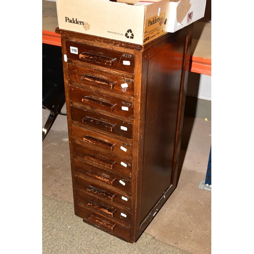 170 - A TALL TEN DRAWER STATIONARY CABINET WITH THREE SMALL BOXES, to include commemorative coins, tins, p... 