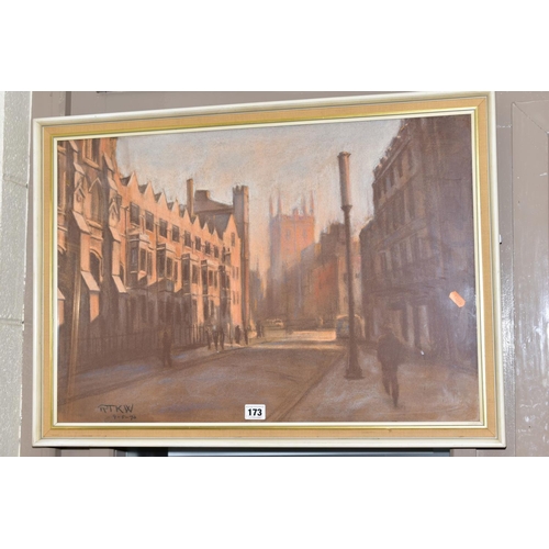 173 - PAINTINGS AND PRINTS to include a pastel street scene initialled R.T.K.W. Dated 1970, oil on board, ... 