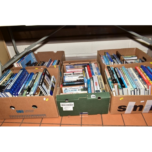 179 - FIVE BOXES OF BOOKS, relating to aircraft, WWII etc