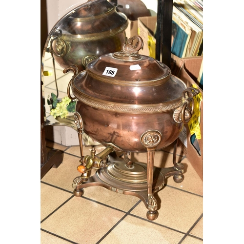 188 - FOUR BOXES AND LOOSE SUNDRY ITEMS, to include a copper and brass samovar, approximate height 41cm, t... 