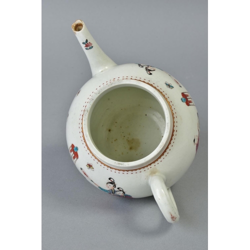 191 - AN EARLY WORCESTER PORCELAIN TEA POT OF GLOBULAR SHAPE, circa 1775, the polychrome enamel decoration... 