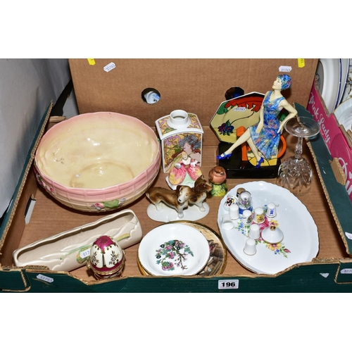 196 - THREE BOXES OF CERAMICS AND GLASS, to include Clarice Cliff bowl and crowns vase (both sd), Kevin Fr... 