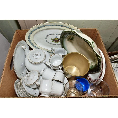 196 - THREE BOXES OF CERAMICS AND GLASS, to include Clarice Cliff bowl and crowns vase (both sd), Kevin Fr... 