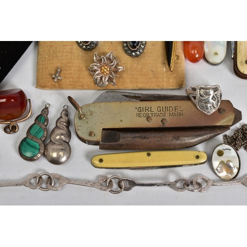 20 - A SELECTION OF ITEMS, to include a silver engraved bangle with safety clasp, various non pierced ear... 