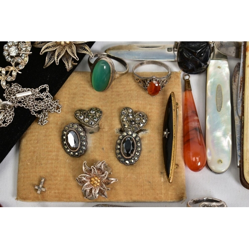 20 - A SELECTION OF ITEMS, to include a silver engraved bangle with safety clasp, various non pierced ear... 