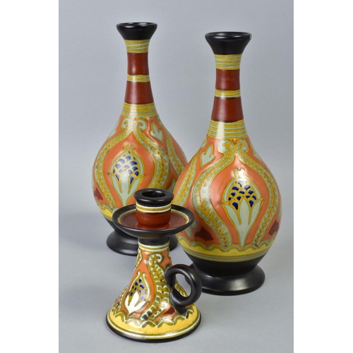 201 - A PAIR OF EARLY 20TH CENTURY GOUDA POTTERY VASES OF BULBOUS FORM, decorated with horizontal bands ab... 