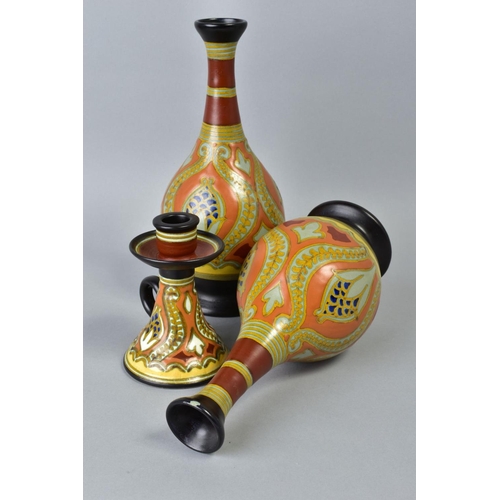 201 - A PAIR OF EARLY 20TH CENTURY GOUDA POTTERY VASES OF BULBOUS FORM, decorated with horizontal bands ab... 