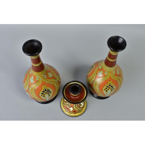 201 - A PAIR OF EARLY 20TH CENTURY GOUDA POTTERY VASES OF BULBOUS FORM, decorated with horizontal bands ab... 