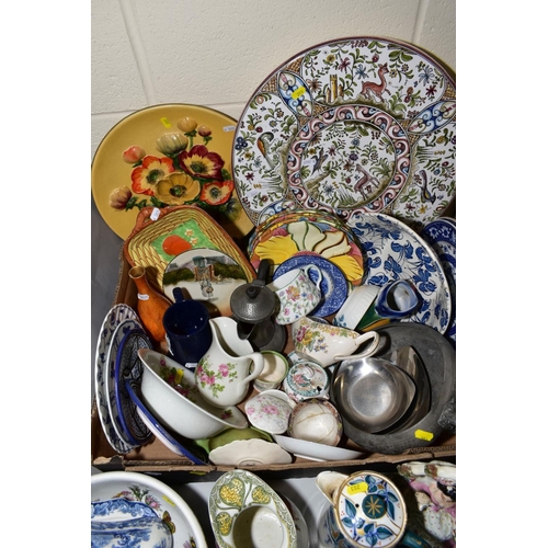 203 - A BOX AND LOOSE CERAMICS, PEWTER ETC, to include Royal Doulton 'Kelmscott' jug (sd), Burleigh Ware '... 