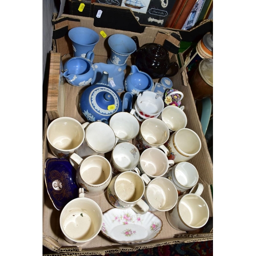 206 - THREE BOXES OF LOOSE CERAMICS, PEWTER, PICTURES, GLASS ETC, to include Royal Commemoratives, Wedgwoo... 