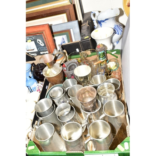 206 - THREE BOXES OF LOOSE CERAMICS, PEWTER, PICTURES, GLASS ETC, to include Royal Commemoratives, Wedgwoo... 