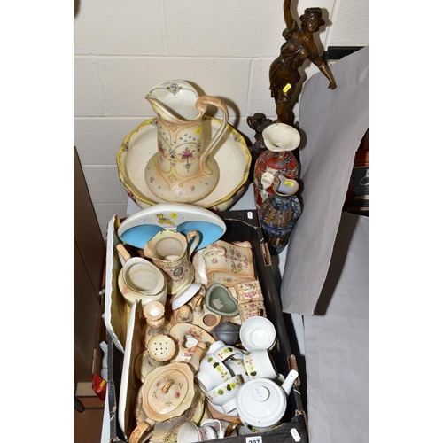 207 - A BOX AND LOOSE CERAMICS, SUNDRIES ETC, to include French spelter figure 'La Peche', total height 65... 