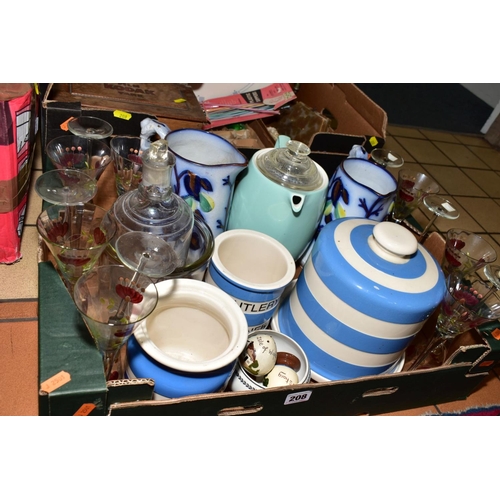 208 - TWO BOXES OF CERAMICS, GLASS, SUNDRIES ETC, to include T.Green Cornish blue 'Utensils' and 'Cutlery ... 