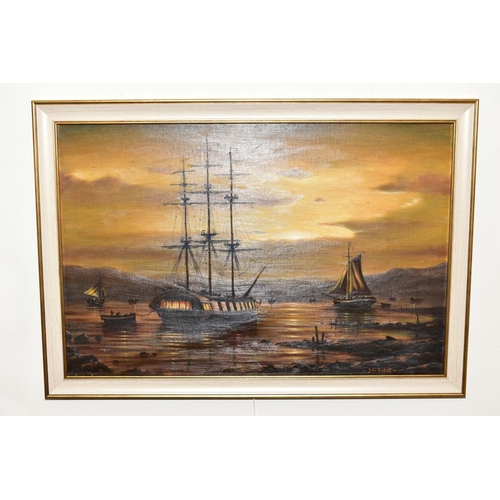 213 - JOHN TRICKETT (BRITISH CONTEMPORARY),  a historic maritime scene by moonlight, signed bottom right, ... 