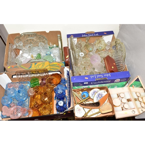 214 - FOUR BOXES AND LOOSE GLASS DRESSING TABLE SETS, CASED TRAVELLING SETS ETC, to include petit point br... 