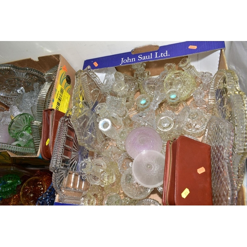 214 - FOUR BOXES AND LOOSE GLASS DRESSING TABLE SETS, CASED TRAVELLING SETS ETC, to include petit point br... 