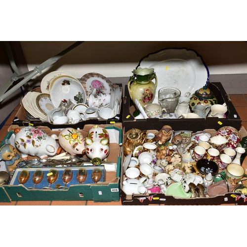 215 - FOUR BOXES OF CERAMICS, GLASS, CUTLERY ETC, to include money banks, Royal Winton 'June Festival' cof... 