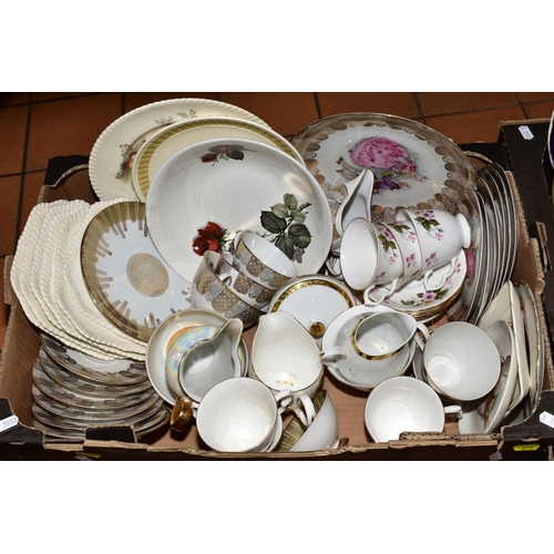 215 - FOUR BOXES OF CERAMICS, GLASS, CUTLERY ETC, to include money banks, Royal Winton 'June Festival' cof... 