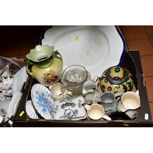 215 - FOUR BOXES OF CERAMICS, GLASS, CUTLERY ETC, to include money banks, Royal Winton 'June Festival' cof... 