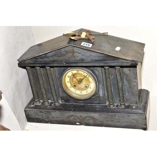 216 - A SLATE MANTEL CLOCK, height 30.5cm x length 44cm, with two keys and pendulum (column missing and ch... 