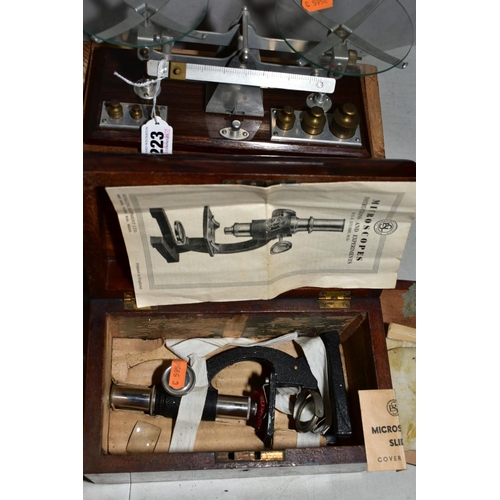 223 - A SET OF BALANCE SCALES, unmarked, complete with weights, in home made wooden case, with a cased Sig... 