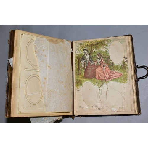 233 - A LEATHER BOUND, BRASS CLASPED VICTORIAN PHOTOGRAPH ALBUM, the leaves wonderfully illustrated by K.C... 