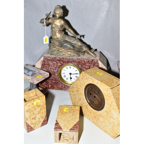 237 - A ROUGE AND BEIGE MARBLE CLOCK GARNITURE WITH RECLINING LADY ABOVE, together with a rouge and yellow... 