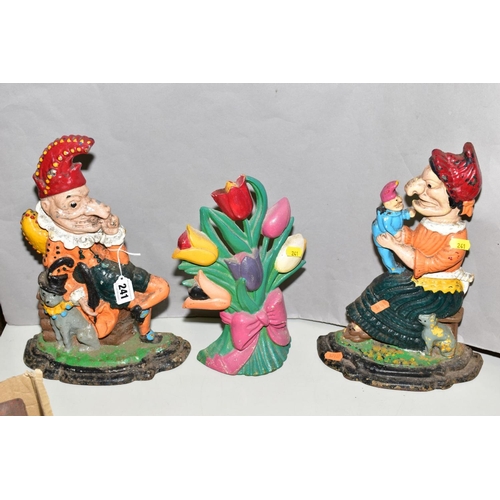 241 - TWO CAST IRON DOORSTOPS, Mr Punch and Mrs Punch, have been repainted and have paint loss and wear, a... 