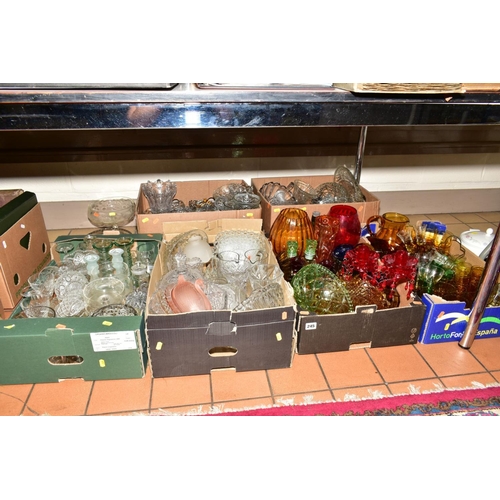 245 - SIX BOXES AND LOOSE 20TH CENTURY CUT AND PRESSED GLASS ETC, to include vases, bowls, drinking glasse... 