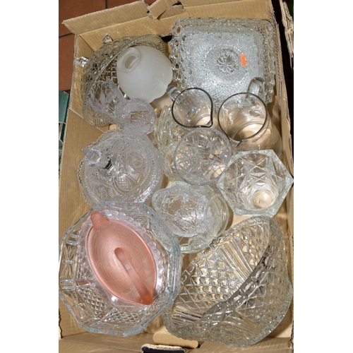 245 - SIX BOXES AND LOOSE 20TH CENTURY CUT AND PRESSED GLASS ETC, to include vases, bowls, drinking glasse... 