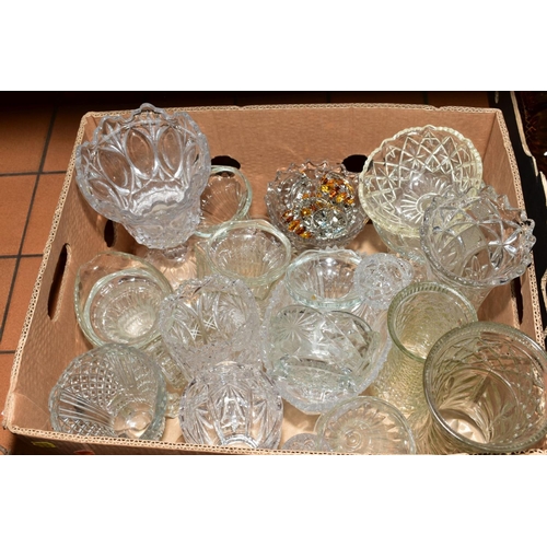 245 - SIX BOXES AND LOOSE 20TH CENTURY CUT AND PRESSED GLASS ETC, to include vases, bowls, drinking glasse... 