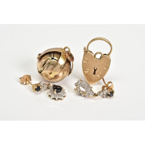 25 - A SELECTION OF ITEMS, to include a 9ct gold heart locket, a pair of 9ct gold sapphire set drop earri... 