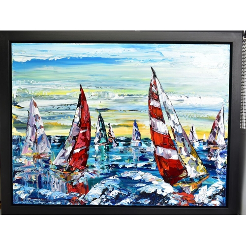 323 - MAYA EVENTOV (RUSSIA 1964) 'RACE DAY REGATTA V' sailing boats racing, signed centre bottom, impasto ... 