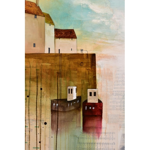 326 - KEITH ATHAY (BRITISH CONTEMPORARY) 'BOATS IN THE HARBOUR II', a mixed media harbour scene, signed bo... 