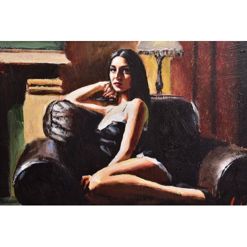 327 - FABIAN PEREZ (ARGENTINA 1967) 'ARPI ON THE COUCH' a female figure sitting in a leather armchair, sig... 