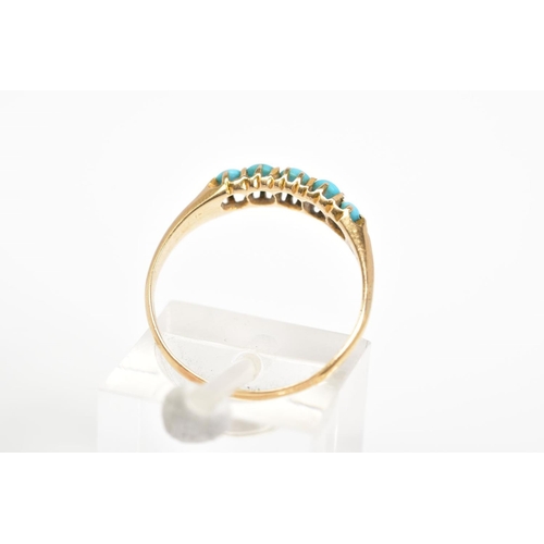 34 - A FIVE STONE RING, set with five graduated oval cut turquoise, to the plain polished band, ring size... 