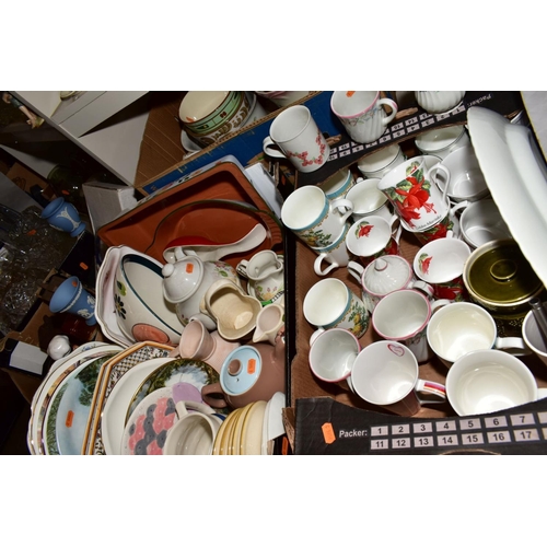 357 - SIX BOXES AND LOOSE CERAMICS to include Woods & Sons 'Spring Fields' tea wares, assorted mugs, plate... 