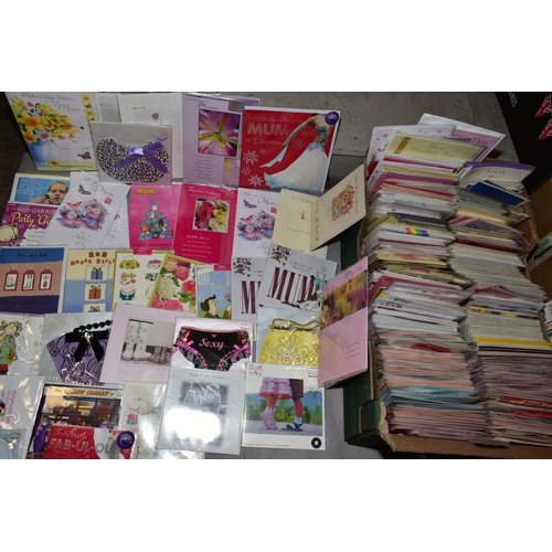 359 - FOUR BOXES OF GREETINGS CARDS etc to include birth year CD's, birthday cards, anniversary cards, mot... 