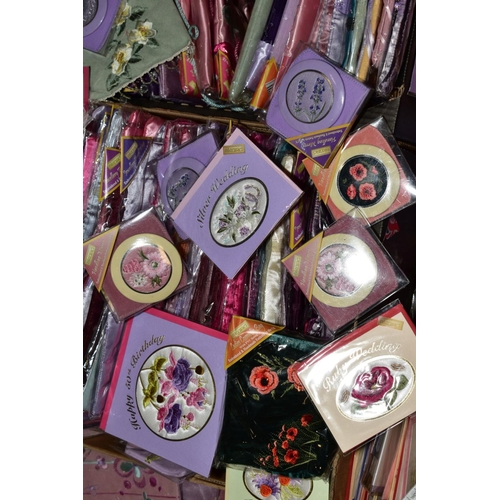 361 - THREE BOXES OF EMBROIDERY ACCESSORIES to include shoulder bags, jewellery wraps, cosmetic cases, han... 