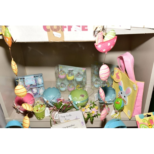 364 - TWO BOXES AND LOOSE EASTER THEMED GIFT WARES to include hanging decorations, felt bags, candles, tab... 