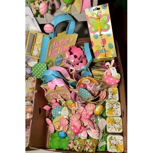 364 - TWO BOXES AND LOOSE EASTER THEMED GIFT WARES to include hanging decorations, felt bags, candles, tab... 