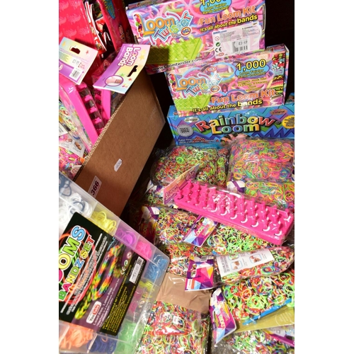 366 - A BOX OF LOOM BAND ACCESSORIES to include plastic boxes of bands, bags of bands, Loom band frames et... 