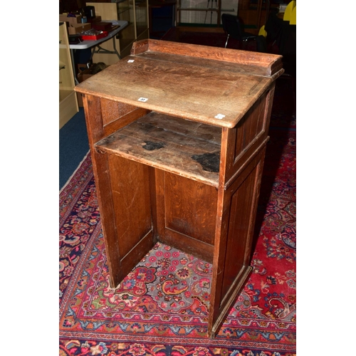 37 - A LATE 19TH CENTURY OAK LECTURN, raised back, sloped top, tongue and groove panelled sides, single s... 