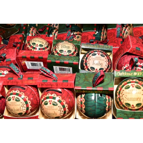 370 - CHRISTMAS THEMED ITEMS comprising named money box Christmas tree decorations and named snow globe Ch... 