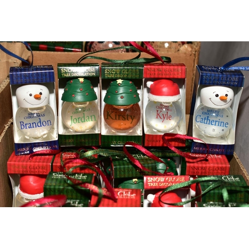 370 - CHRISTMAS THEMED ITEMS comprising named money box Christmas tree decorations and named snow globe Ch... 