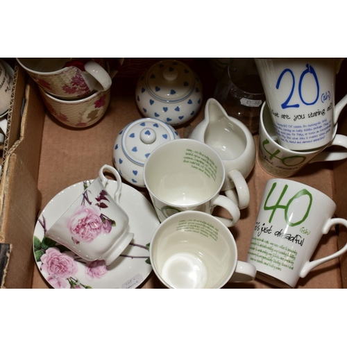 372 - FOUR BOXES OF CERAMICS ETC, to include French porcelain tea wares, 'Special Mother' mugs, David Aust... 