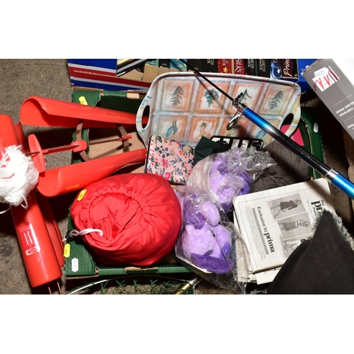 384 - FOUR BOXES AND LOOSE SUNDRY ITEMS to include books (Elizabeth Chadwick), boxed toilet seat, fishing ... 