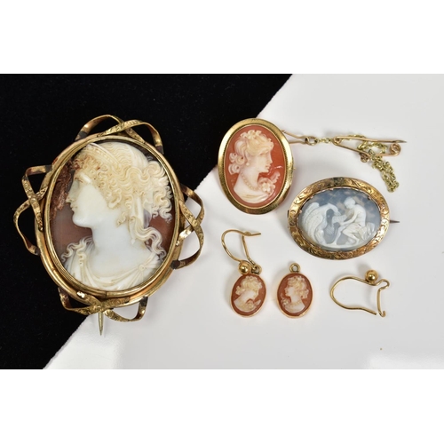 4 - A COLLECTION OF CAMEO JEWELLERY to include a small gold plated brooch depicting Leda and the Swan, a... 