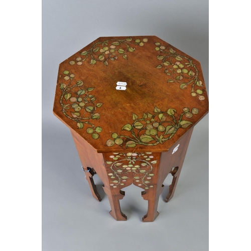 42 - AN ARTS AND CRAFTS LIBERTY STYLE MOORISH OCCASIONAL TABLE, the octagonal top and box painted with sc... 